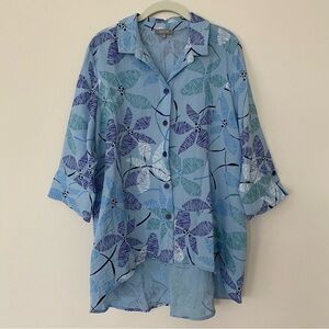 Habitat Women's Blue Floral Button Up Tunic Shirt M Lagenlook Artsy Oversized